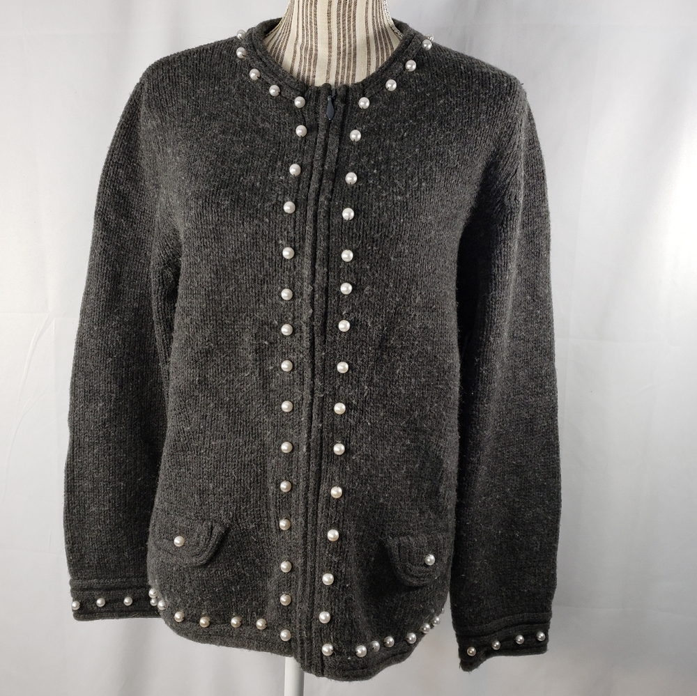 design assets Grey Wool Blend Full Zip Pearl Accent Sweater Size Large